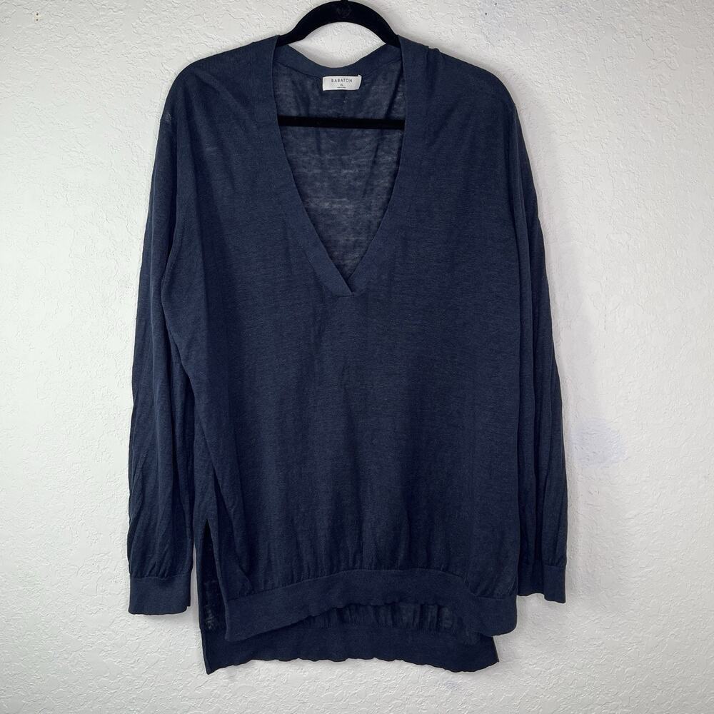 Babaton Midcentury Linen V-Neck sweater Navy Blue size XL, Minimalist semi-sheer